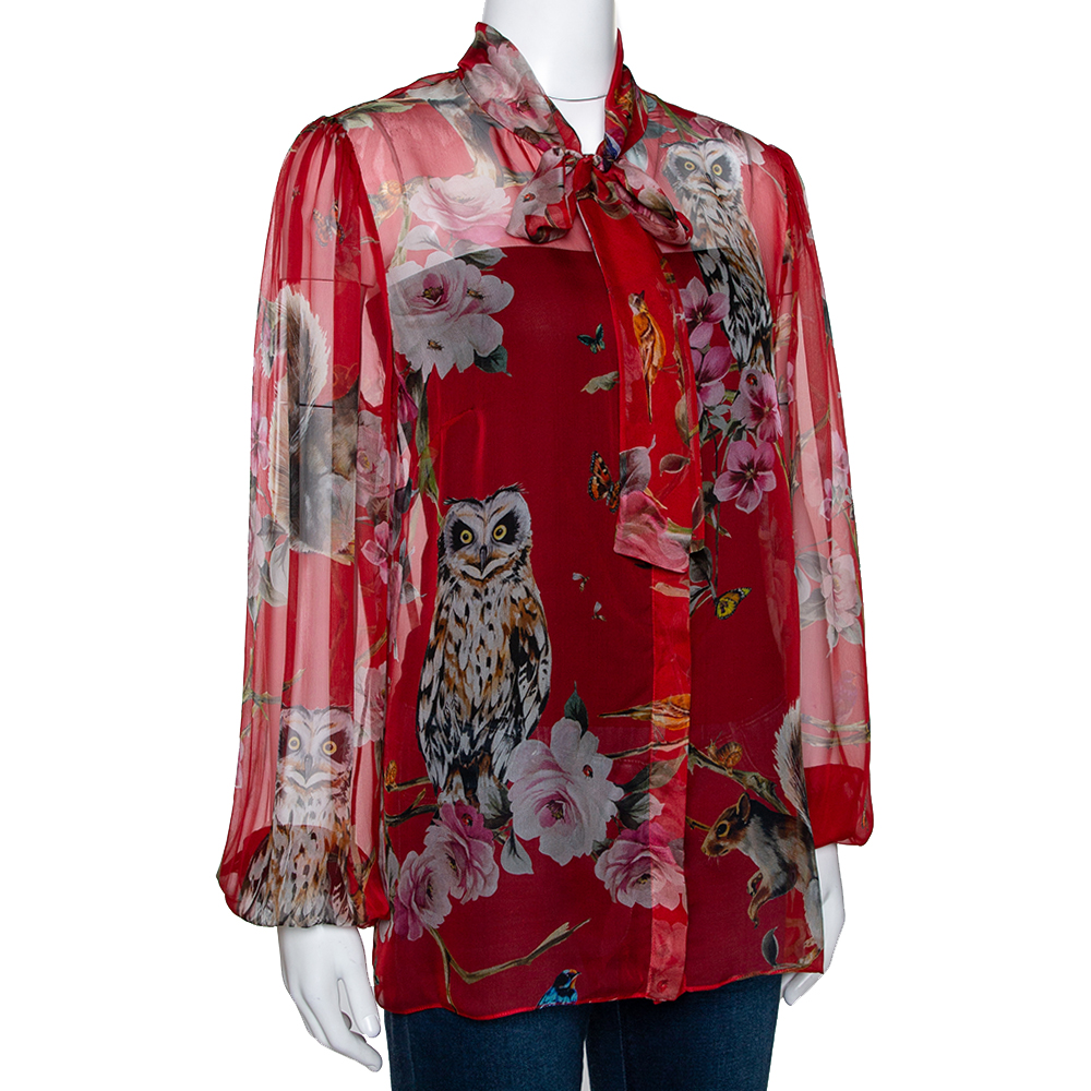 

Dolce & Gabbana Red Animal Floral Print Silk Sheer Shirt