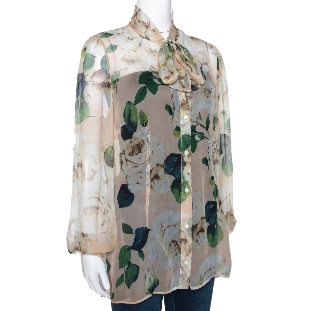 

Dolce & Gabbana Beige Floral Printed Silk Tie Detail Sheer Blouse