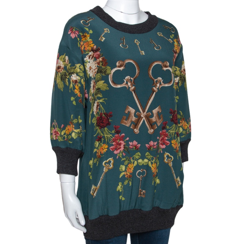 

Dolce & Gabbana Green Key Print Silk Three Quarter Balloon Sleeve Jumper