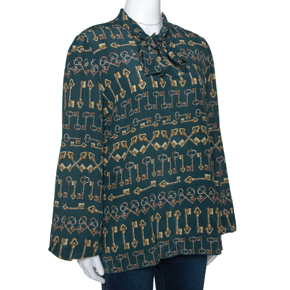 

Dolce & Gabbana Green Key Print Silk Neck Tie Detail Blouse