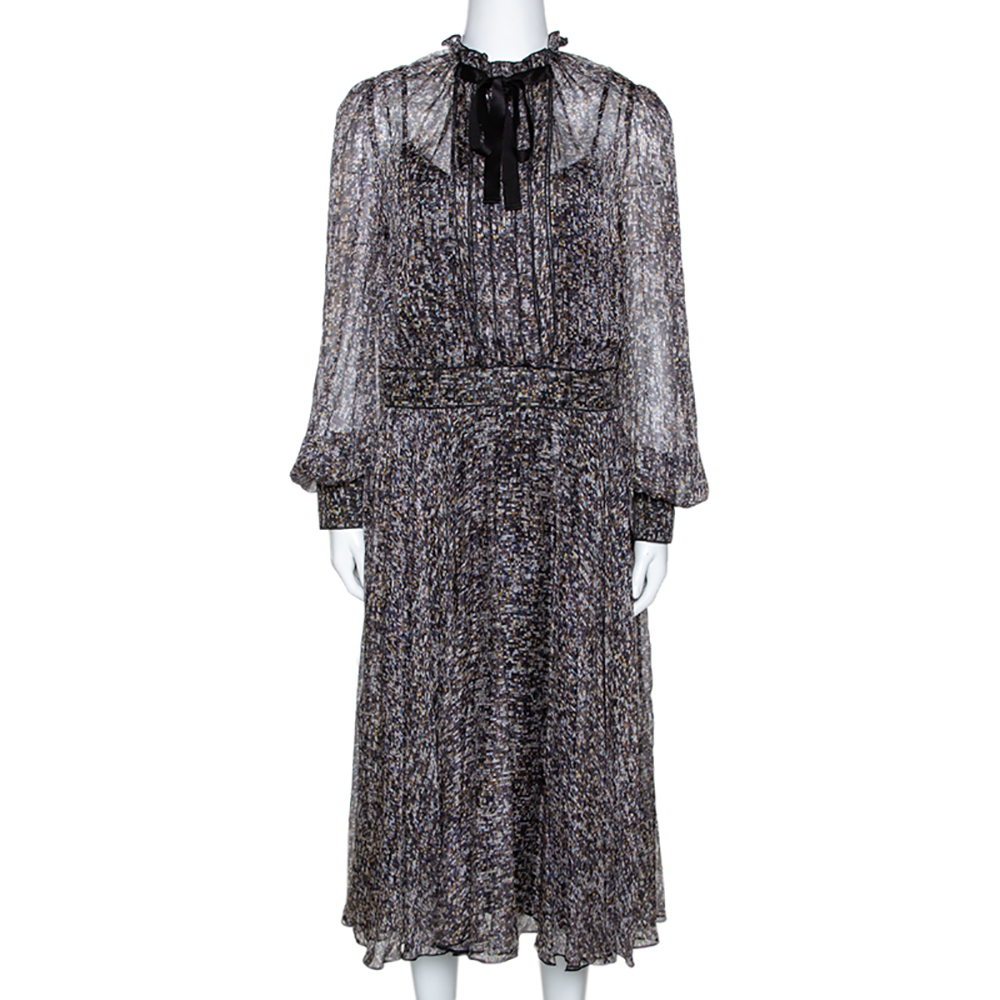 Pre Owned D&G Multicolor Sequin Print Silk Chiffon Long Sleeve Midi Dress L