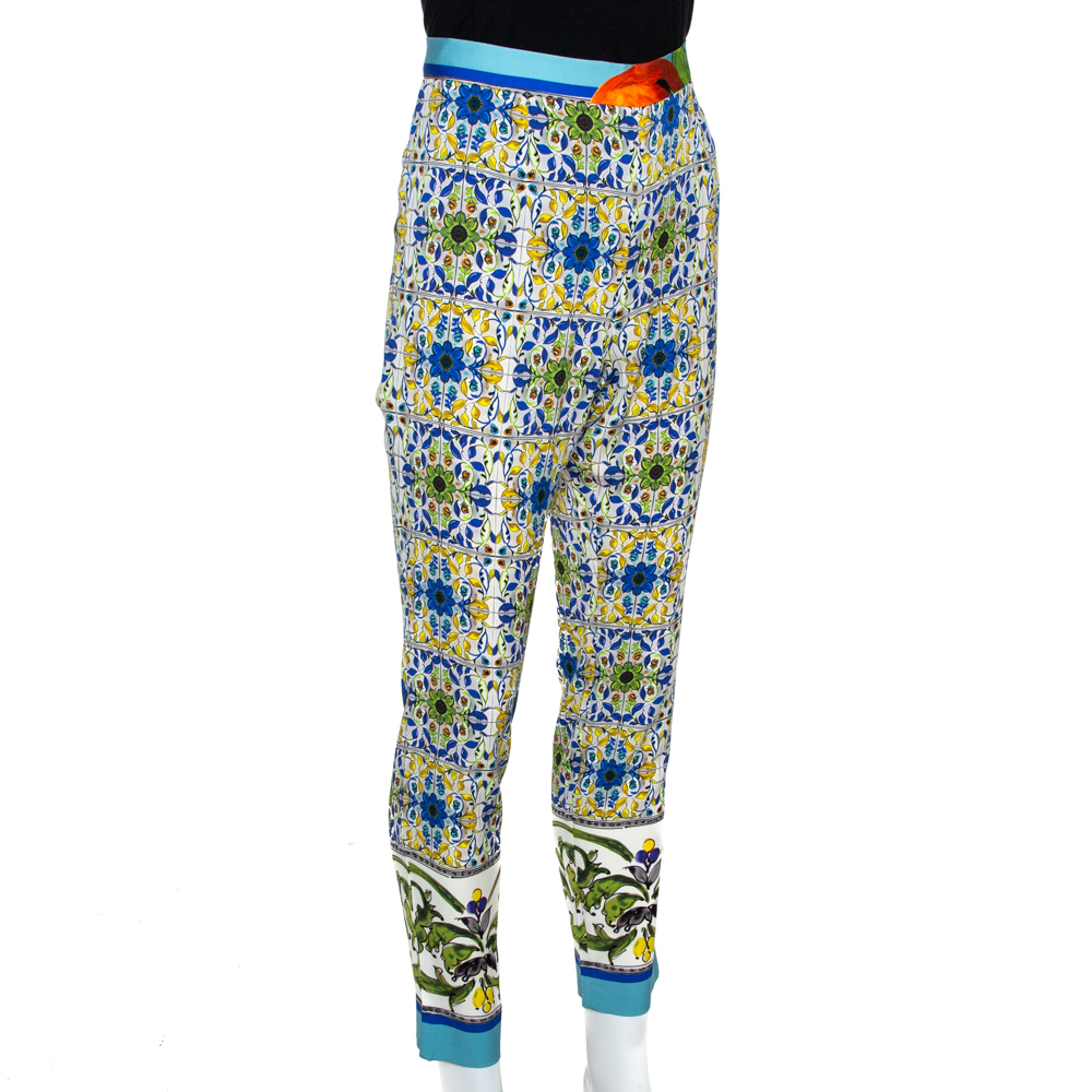 

Dolce & Gabbana Multicolor Majolica Print Stretch Silk Trousers