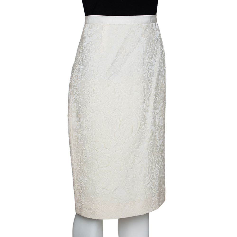

Dolce & Gabbana Cream Floral Embossed Jaqcuard Wool Pencil Skirt