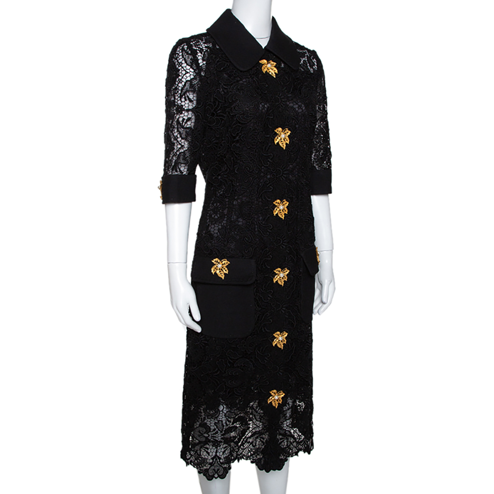 

Dolce & Gabbana Black Floral Lace Leaf Button Embellished Dress