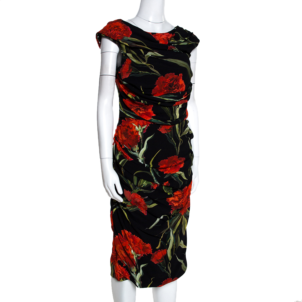 

Dolce & Gabbana Black And Red Floral Printed Draped Midi Dress