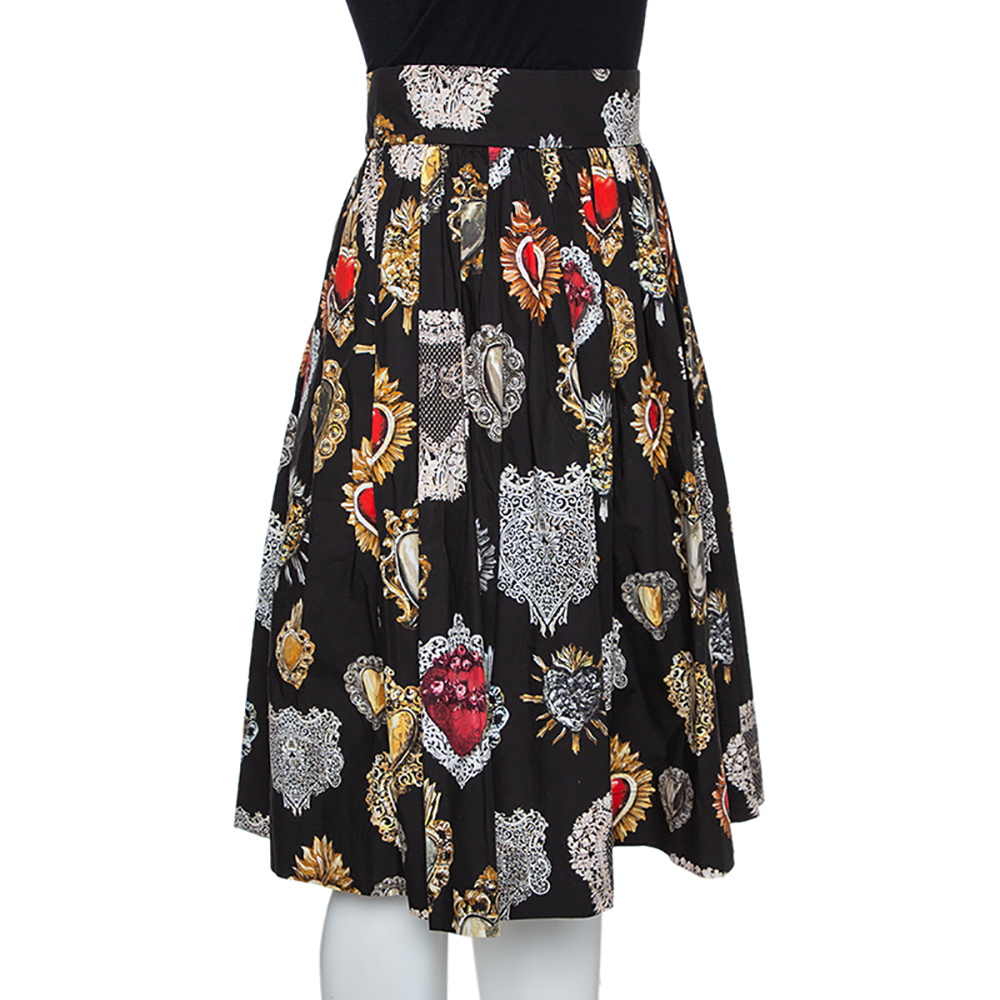 

Dolce & Gabbana Black Cotton Sacred Heart Print Pleated Skirt