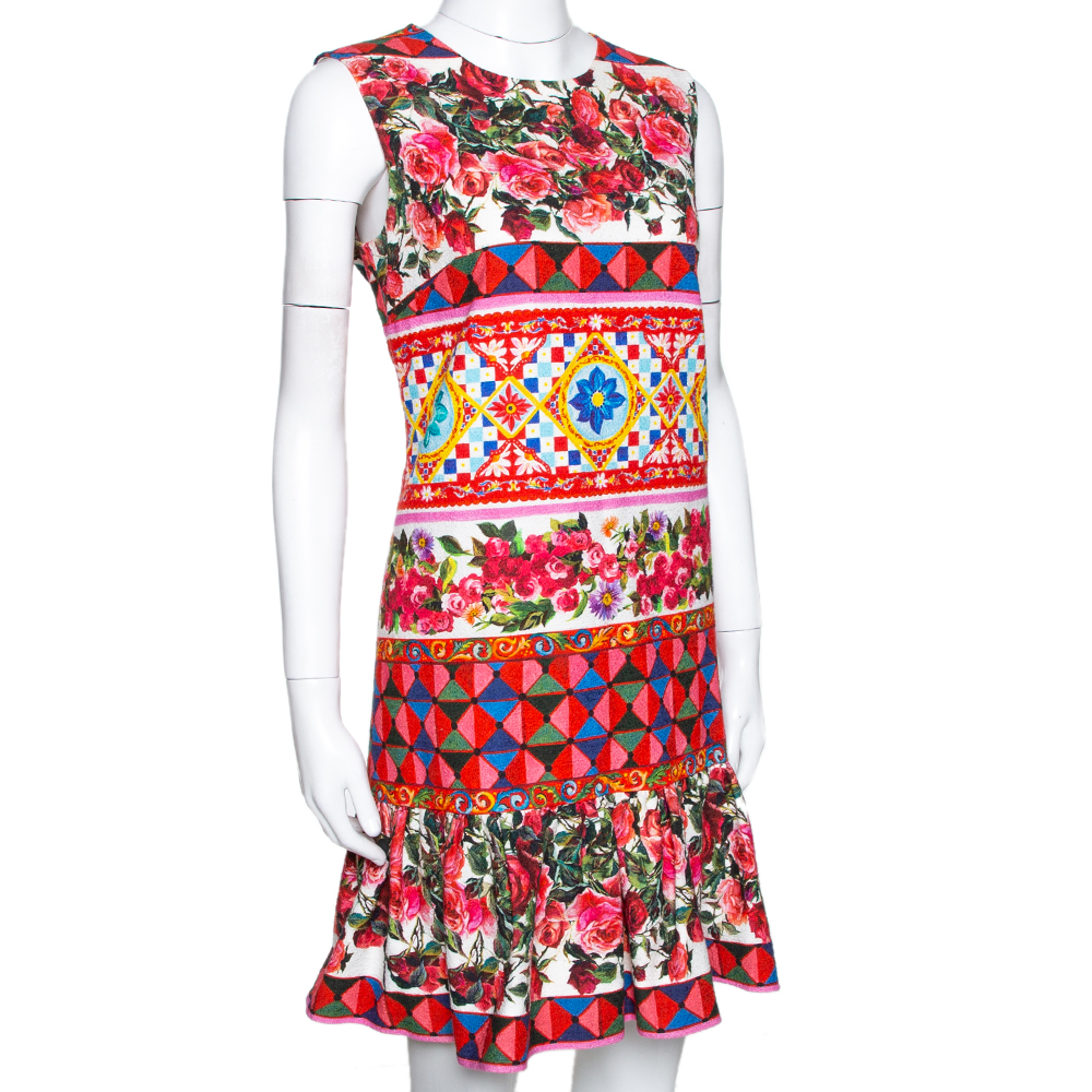 

Dolce & Gabbana Multicolor Textured Cotton Mambo Print Flounce Dress