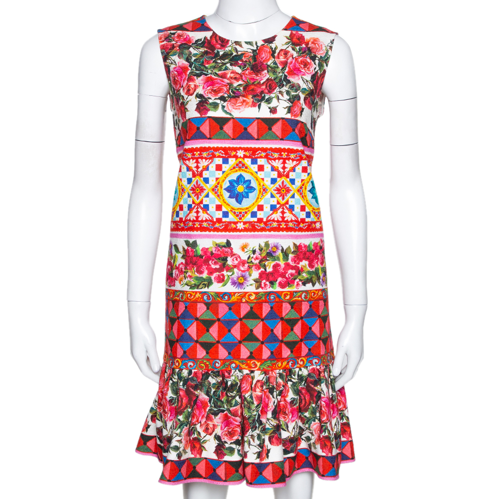 Dolce & Gabbana Multicolor Textured Cotton Mambo Print Flounce Dress M