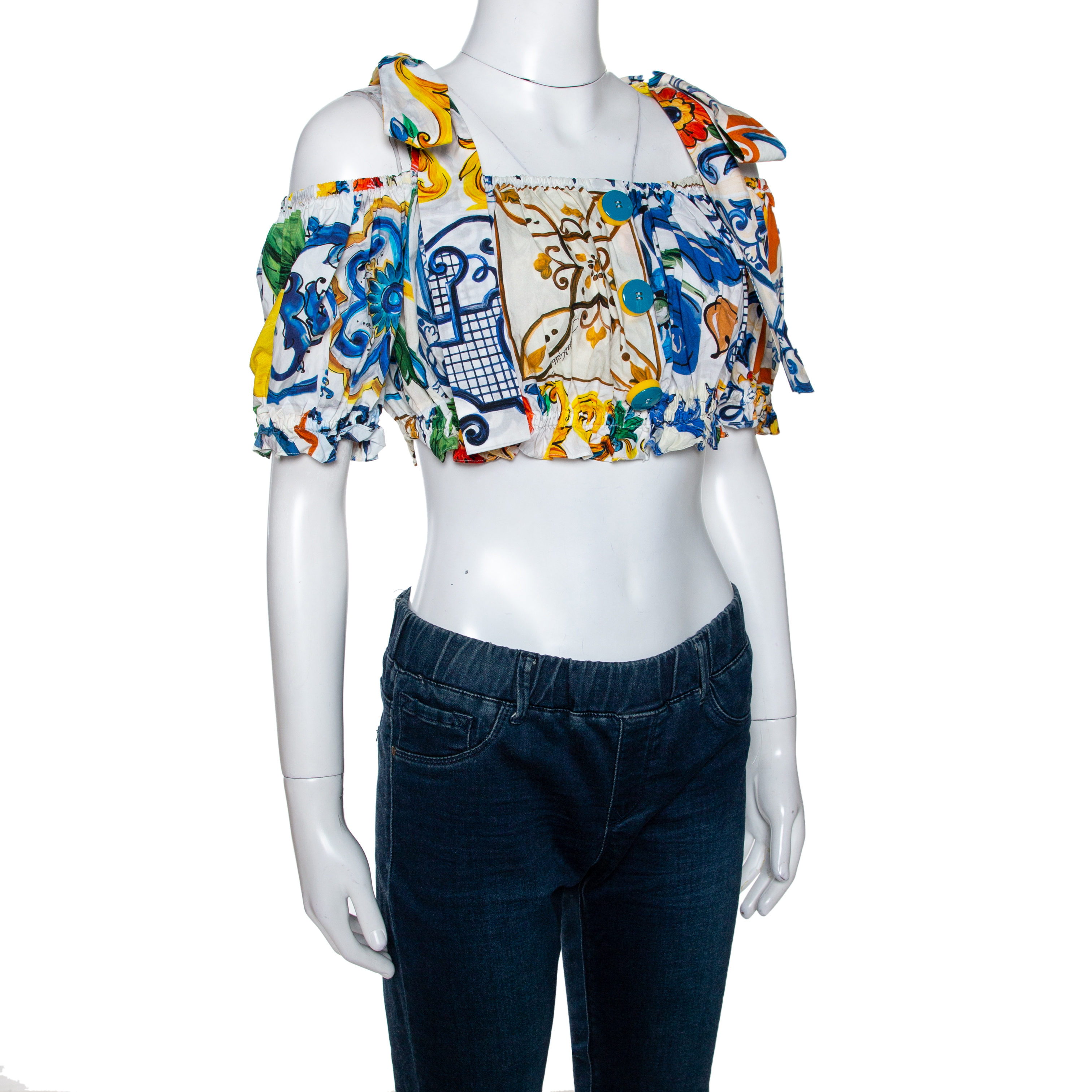 

Dolce & Gabbana Multicolor Cotton Majolica Print Off Shoulder Cropped Top