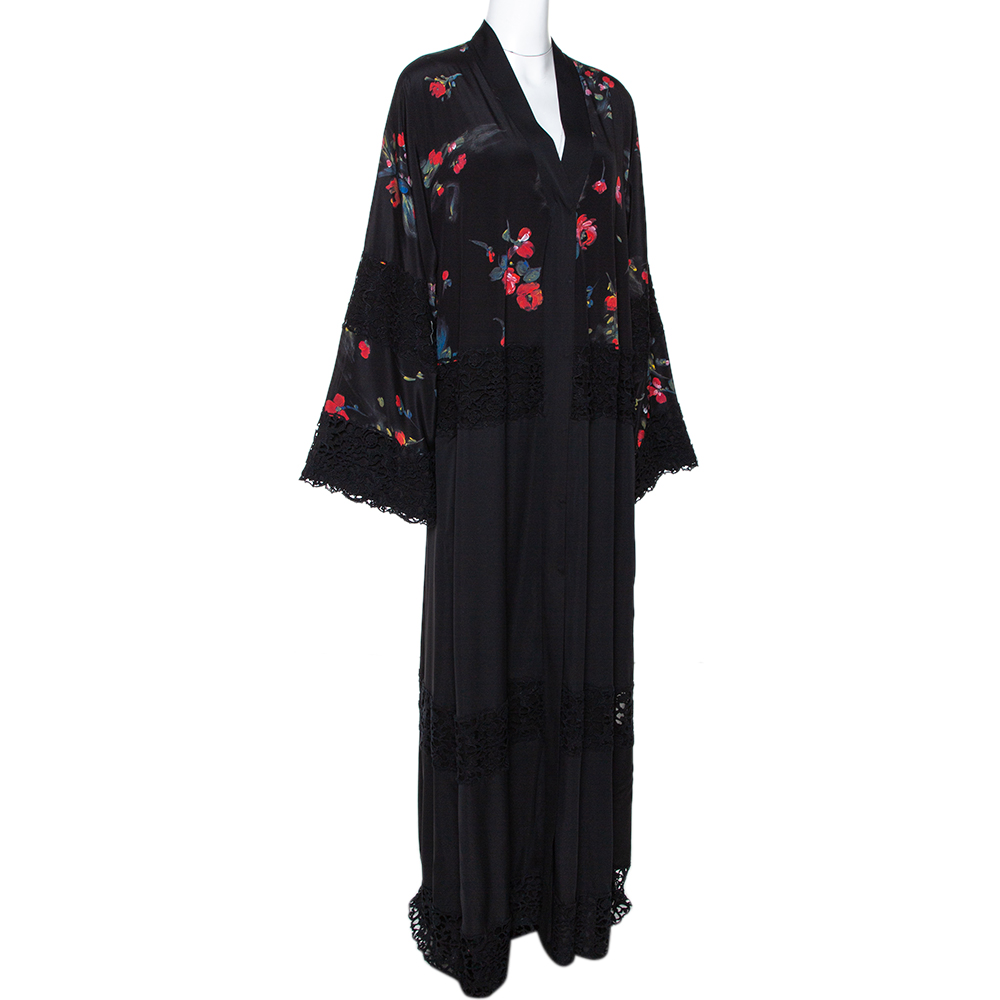 

Dolce & Gabbana Black Floral Print Silk Lace Trim Abaya