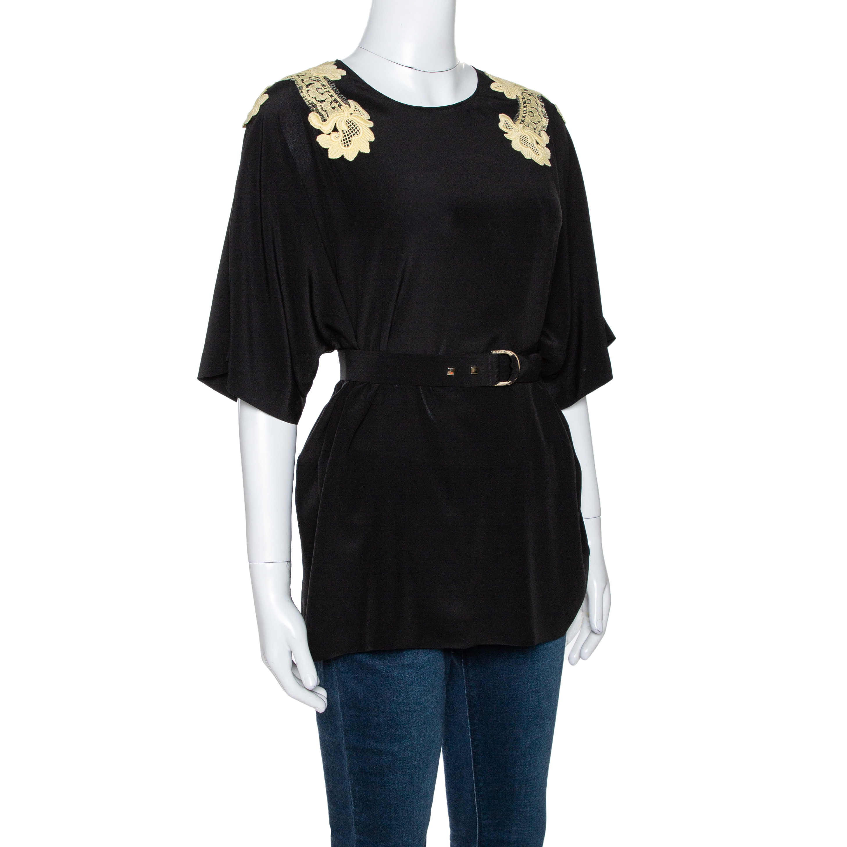

Dolce & Gabbana Black Silk Lace Applique Detail Short Sleeve Top