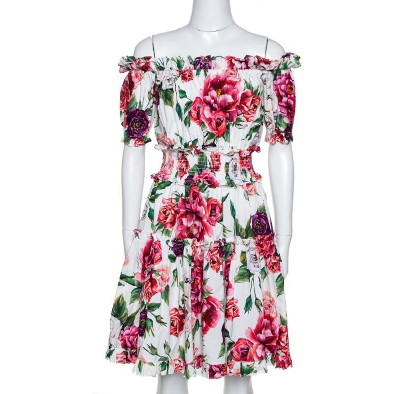 Dolce & Gabbana Multicolor Peony Printed Cotton Poplin Off Shoulder Dress S