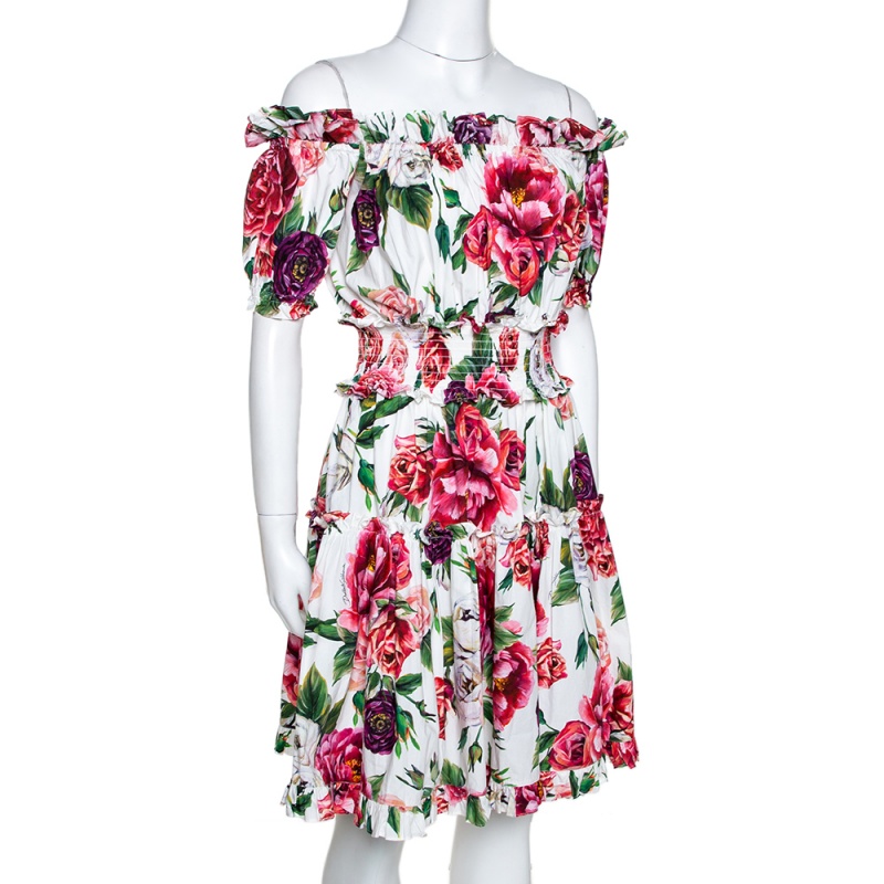 

Dolce & Gabbana Multicolor Peony Printed Cotton Poplin Off Shoulder Dress