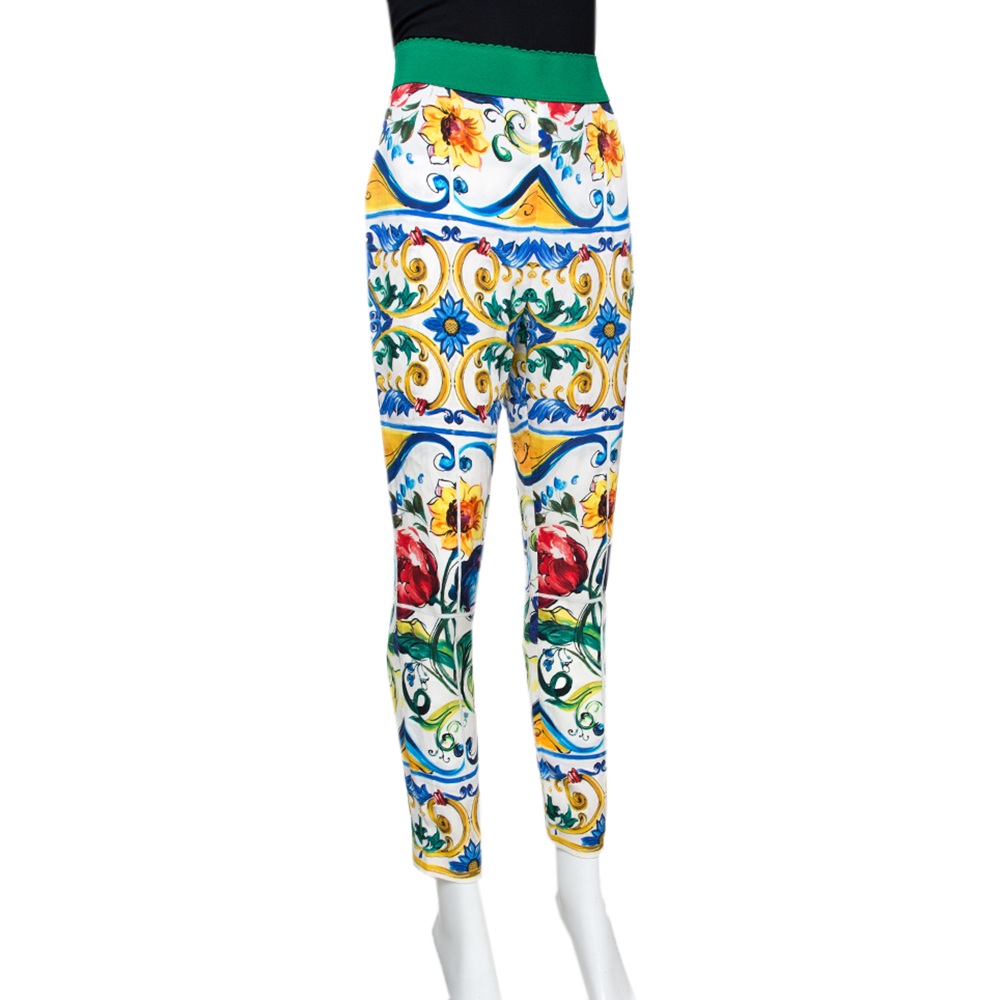 Dolce & Gabbana Majolica Printed Silk Elasticized Waist Skinny Pants L ...