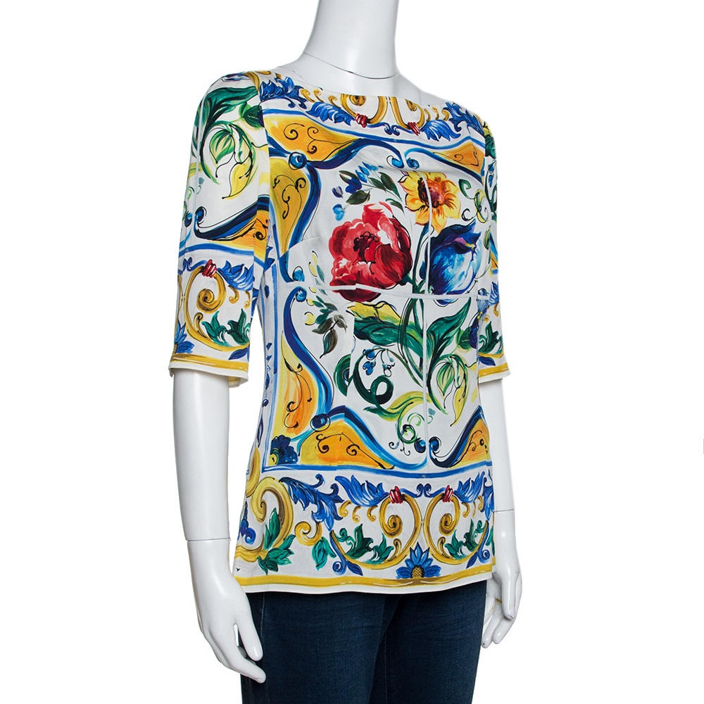 

Dolce & Gabbana Multicolor Majolica Print Silk Three Quarter Sleeve Top