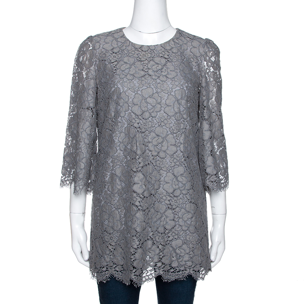 Pre-owned Dolce & Gabbana Grey Floral Corded Lace Three Quarter Sleeve Top M