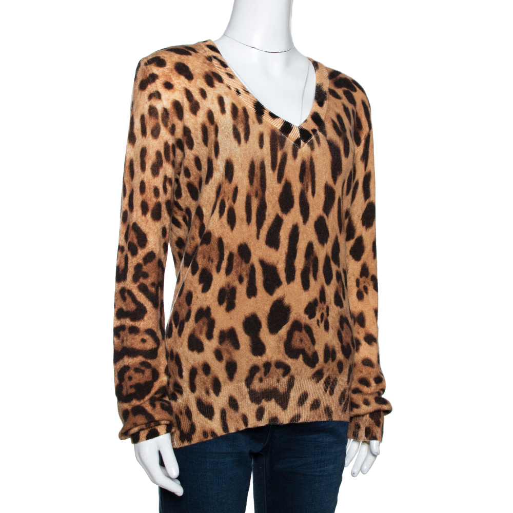 

Dolce & Gabbana Beige Cashmere Leopard Print V Neck Sweater