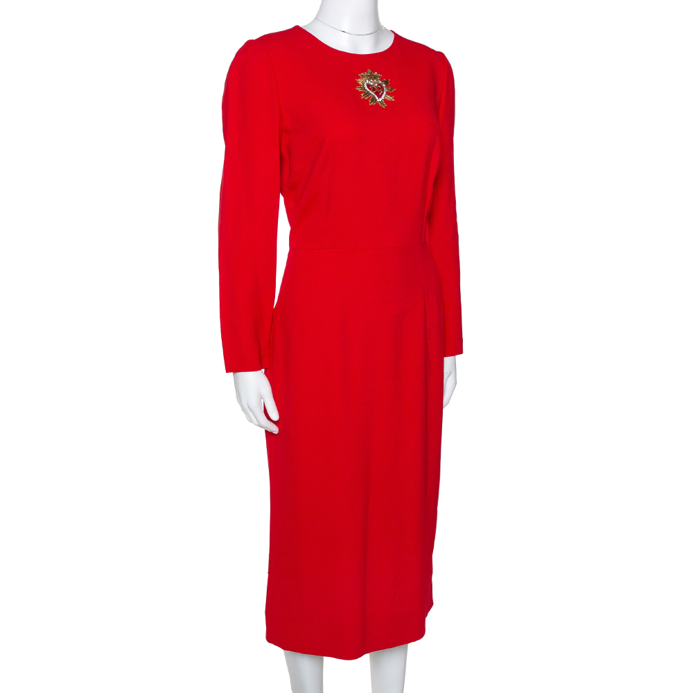 

Dolce & Gabbana Red Crepe Heart Logo Embellished Dress
