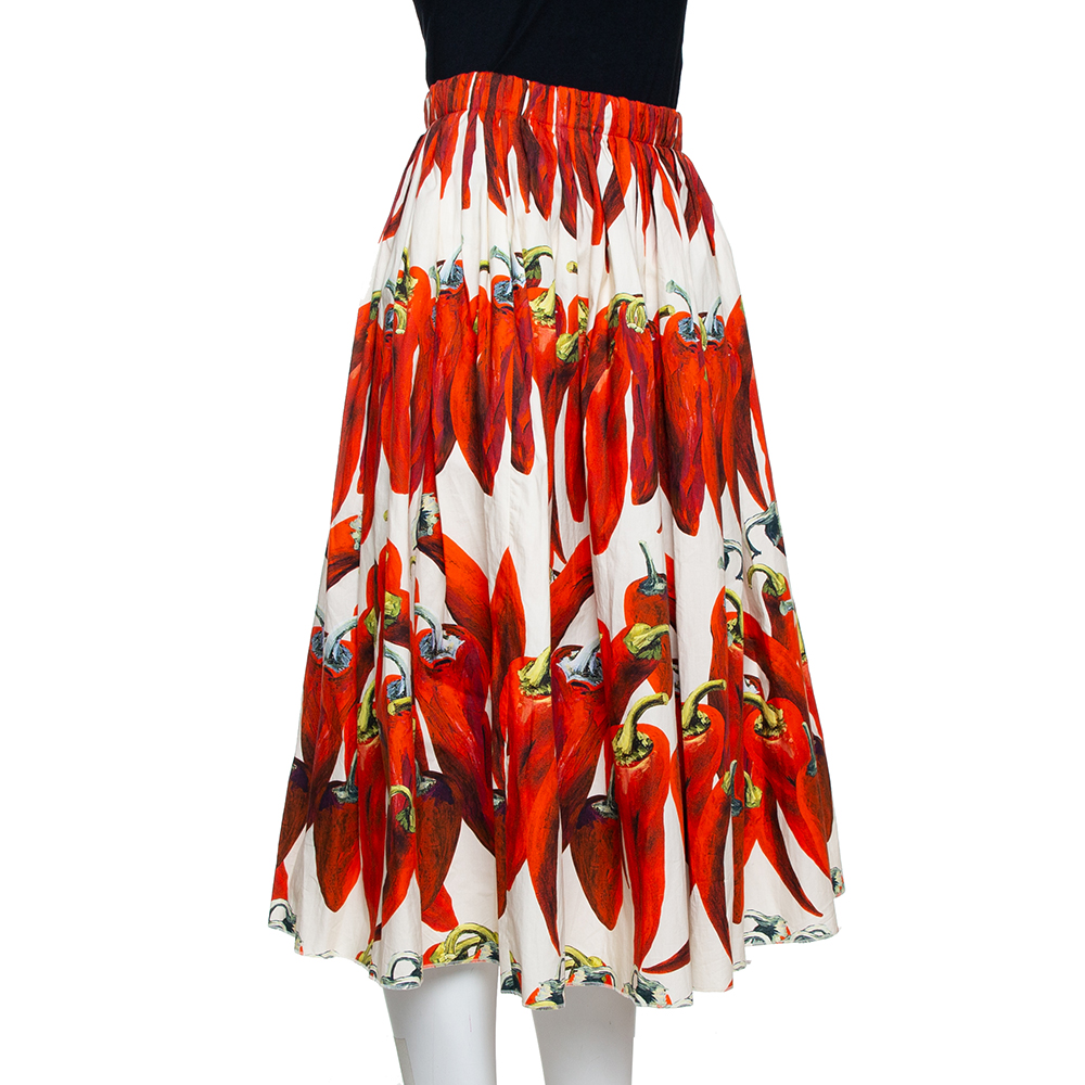 

Dolce & Gabbana Red Cotton Chilli Printed Flared Midi Skirt