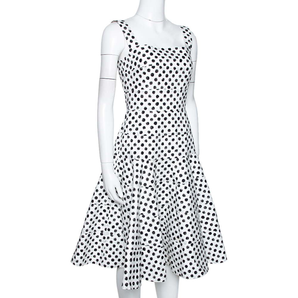 

Dolce & Gabbana Monochrome Polka Dot Cotton Panelled Flared Midi Dress, White