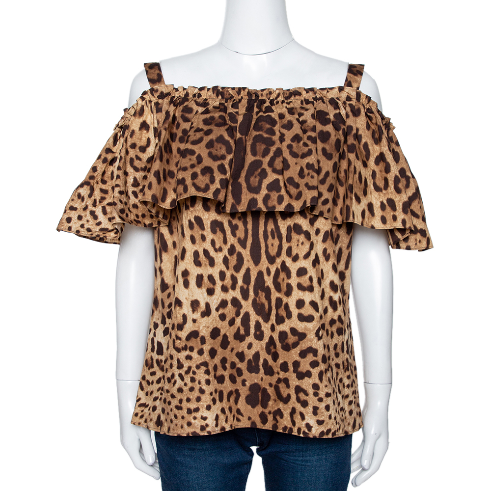 مملوكة مسبقًا Dolce & Gabbana Brown Leopard Print Cotton Off Shoulder Blouse L