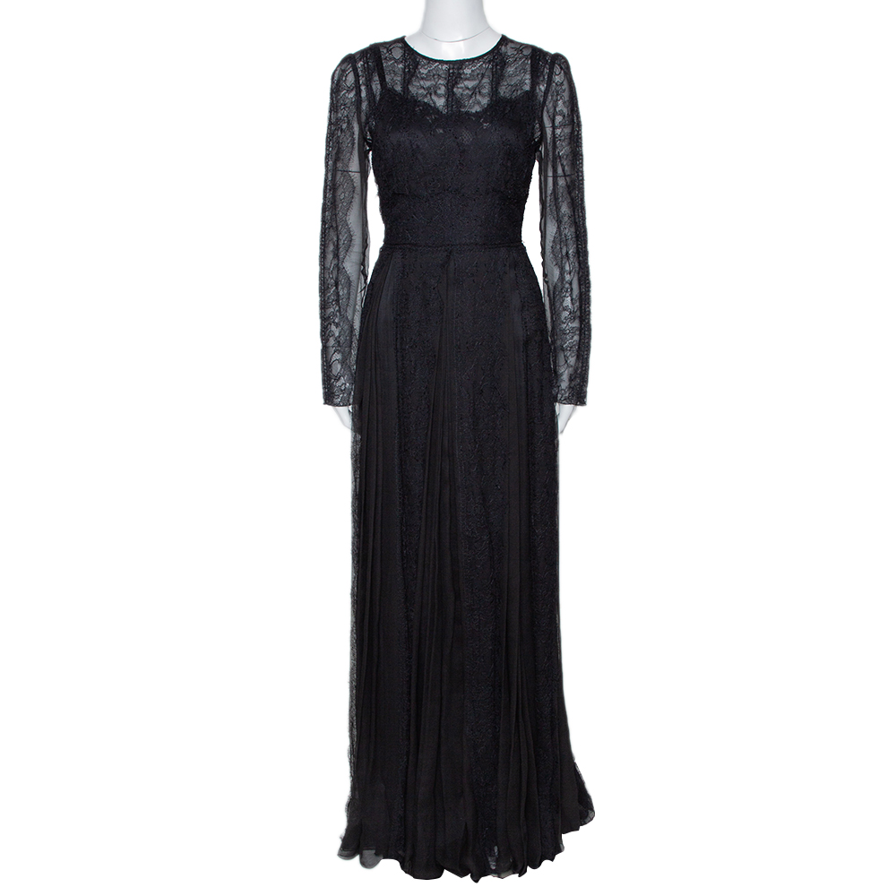 مملوكة مسبقًا Dolce & Gabbana Black Silk Floral Lace Detail Maxi Dress L