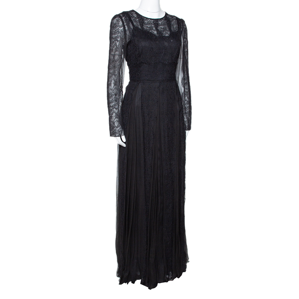 

Dolce & Gabbana Black Silk Floral Lace Detail Maxi Dress