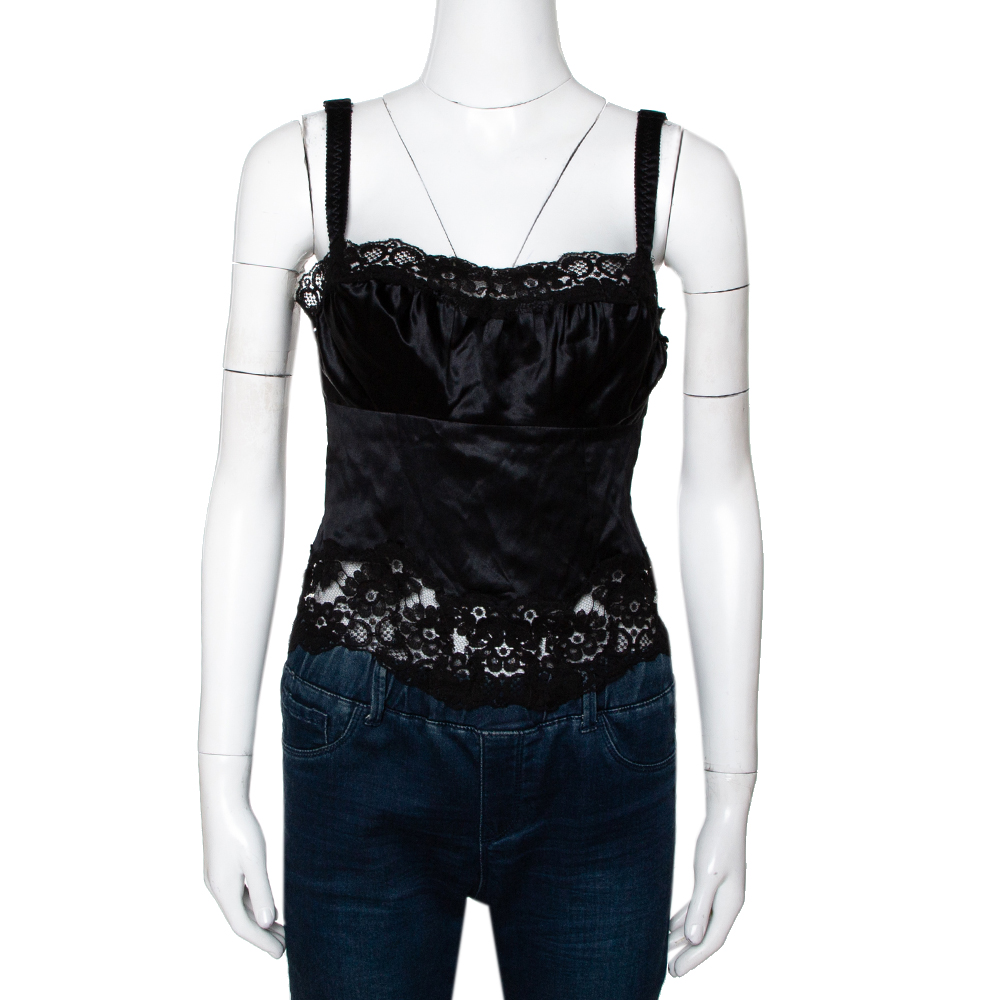 مملوكة مسبقًا Dolce & Gabbana Black Silk Lace Trim Camisole Top S