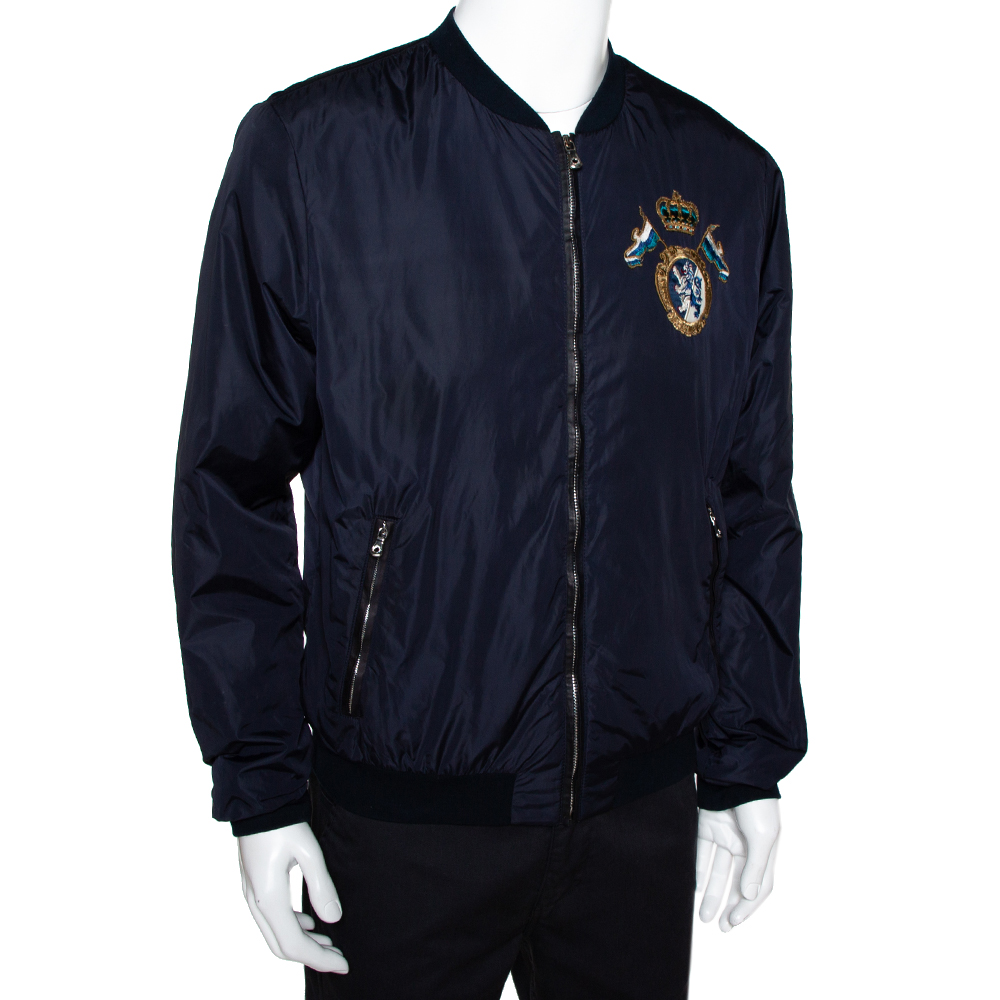 

Dolce & Gabbana Navy Blue Synthetic & Leather Trim Detail Bomber Jacket