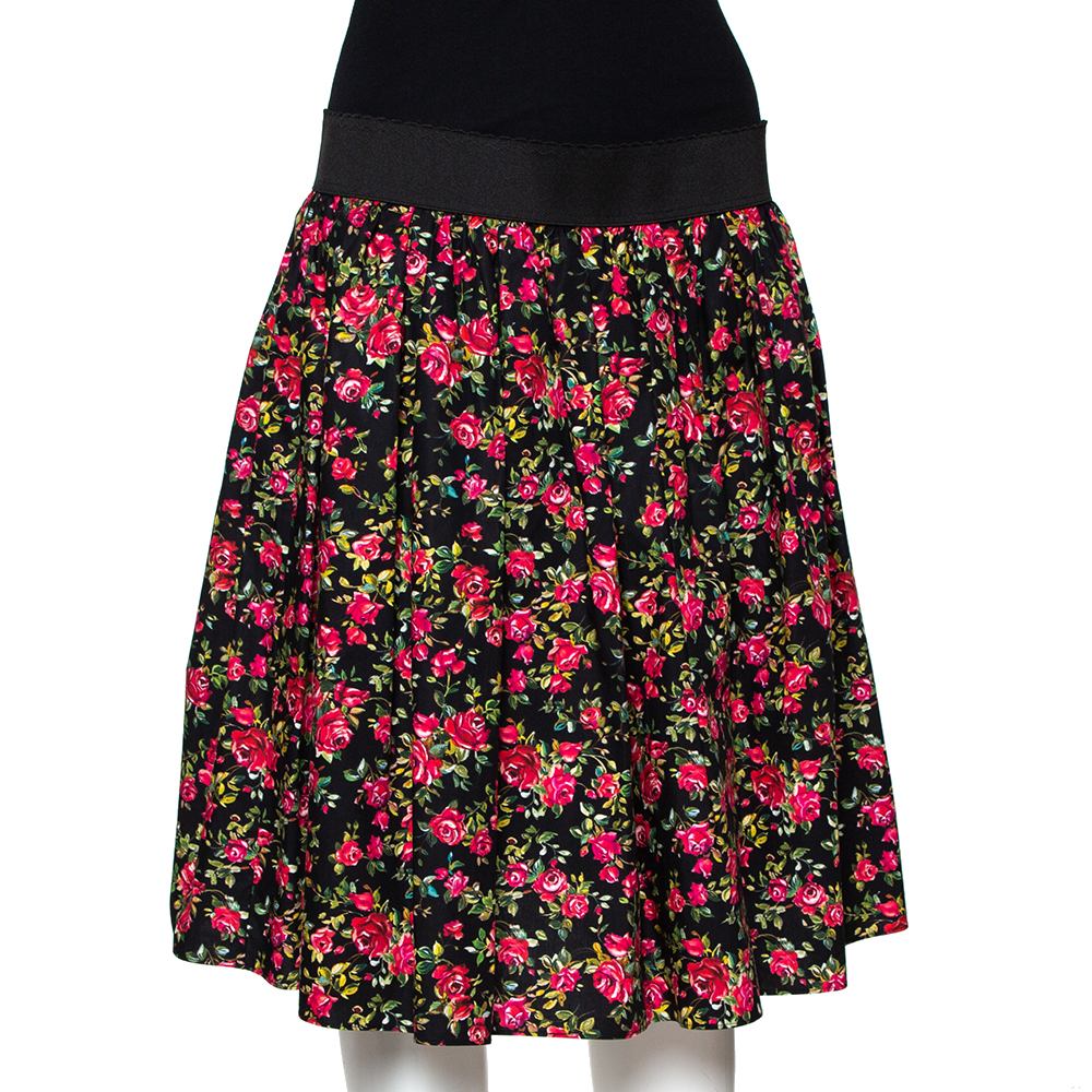 

Dolce & Gabbana Black Floral Printed Cotton Flared Skirt