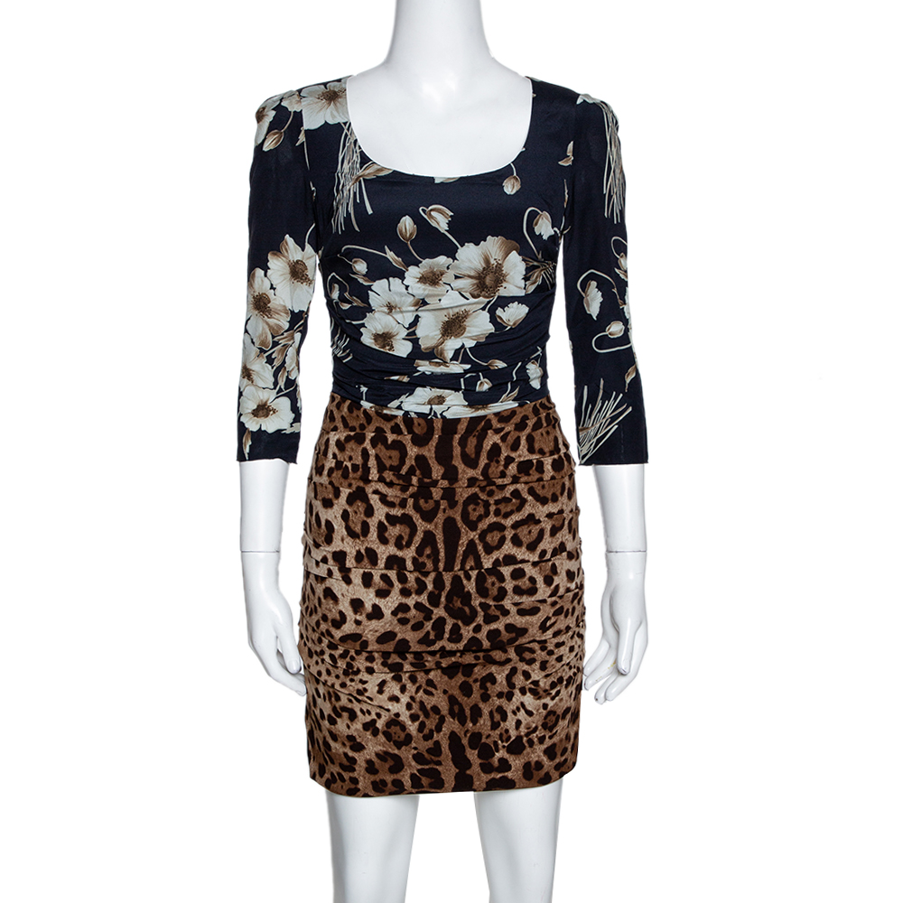 

Dolce & Gabbana Brown Mixed Print Silk Ruched Dress