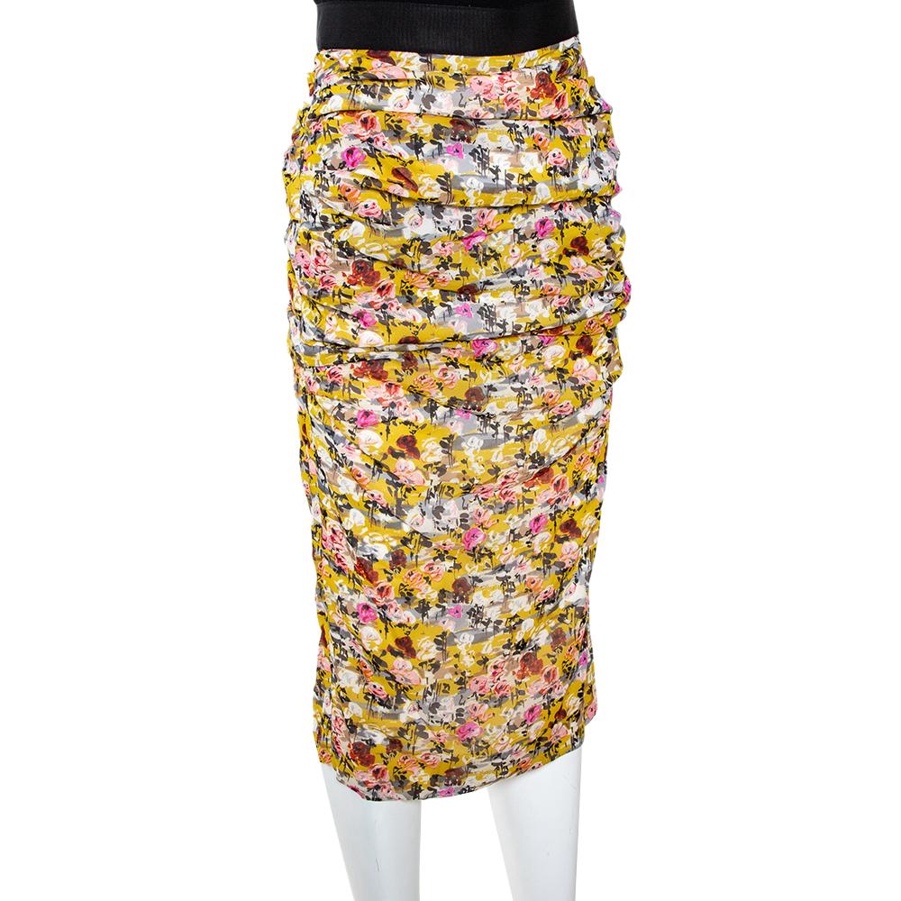 

Dolce & Gabbana Yellow Floral Print Stretch Silk Ruched Skirt