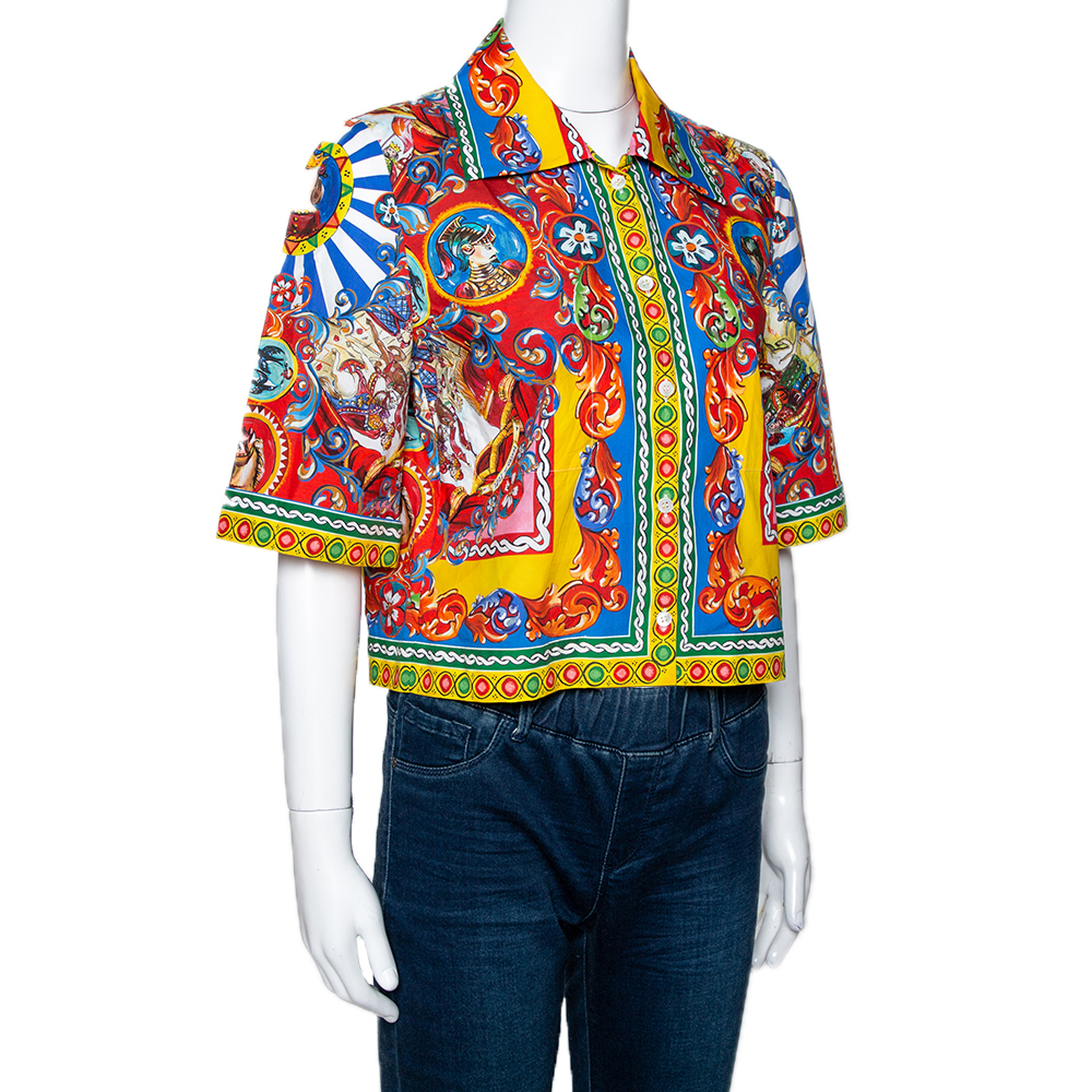 

Dolce & Gabbana Multicolor Carretto Siciliano Print Cotton Cropped Shirt