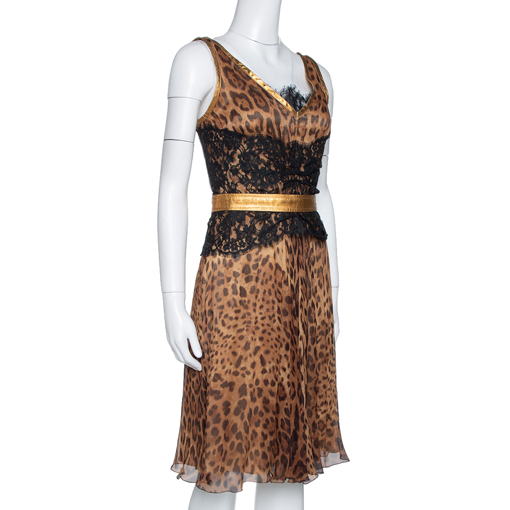 

Dolce & Gabbana Brown Animal Print Chiffon Belted Sleeveless Dress