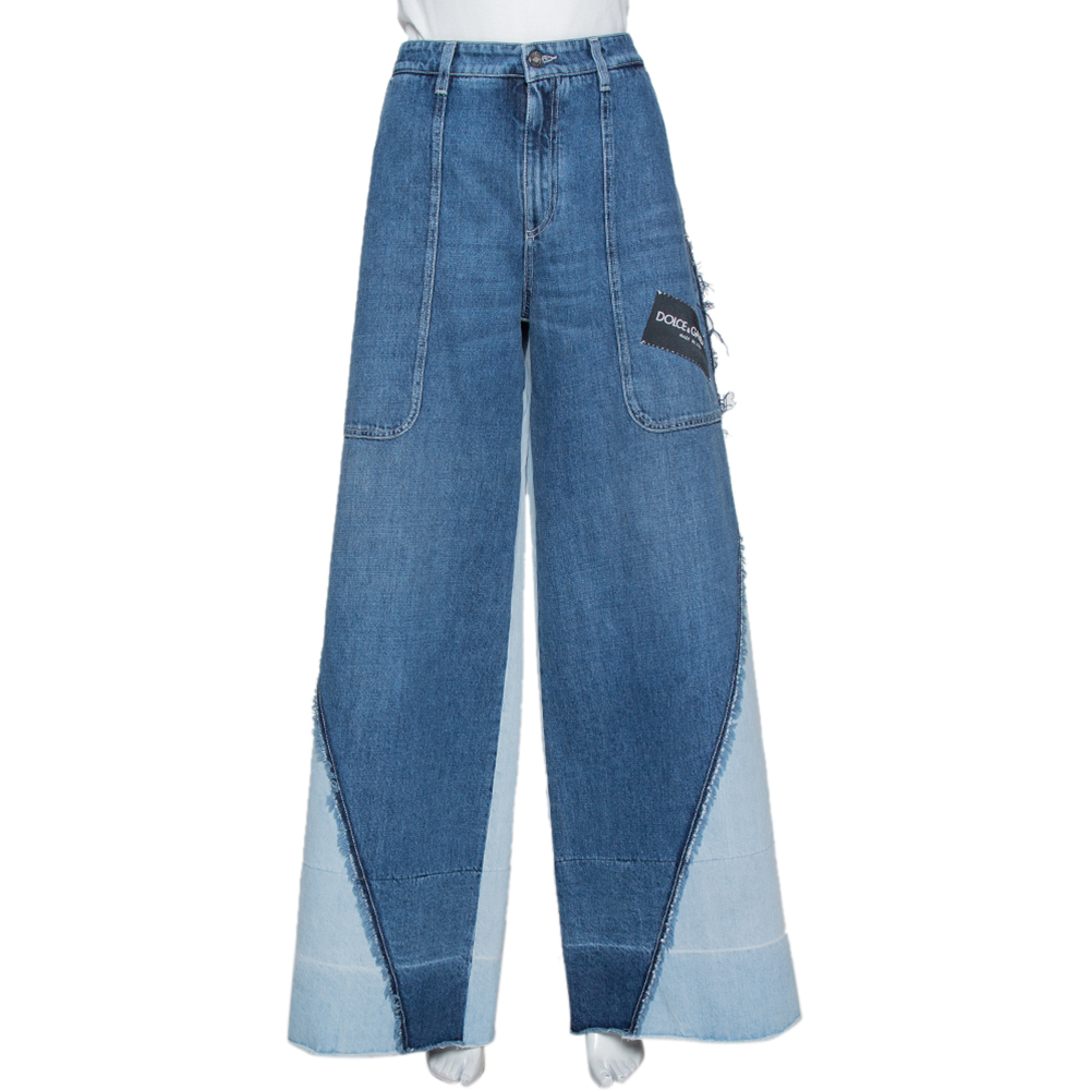 مملوكة مسبقًا Dolce & Gabbana Blue Denim Patched Wide Leg Jeans L