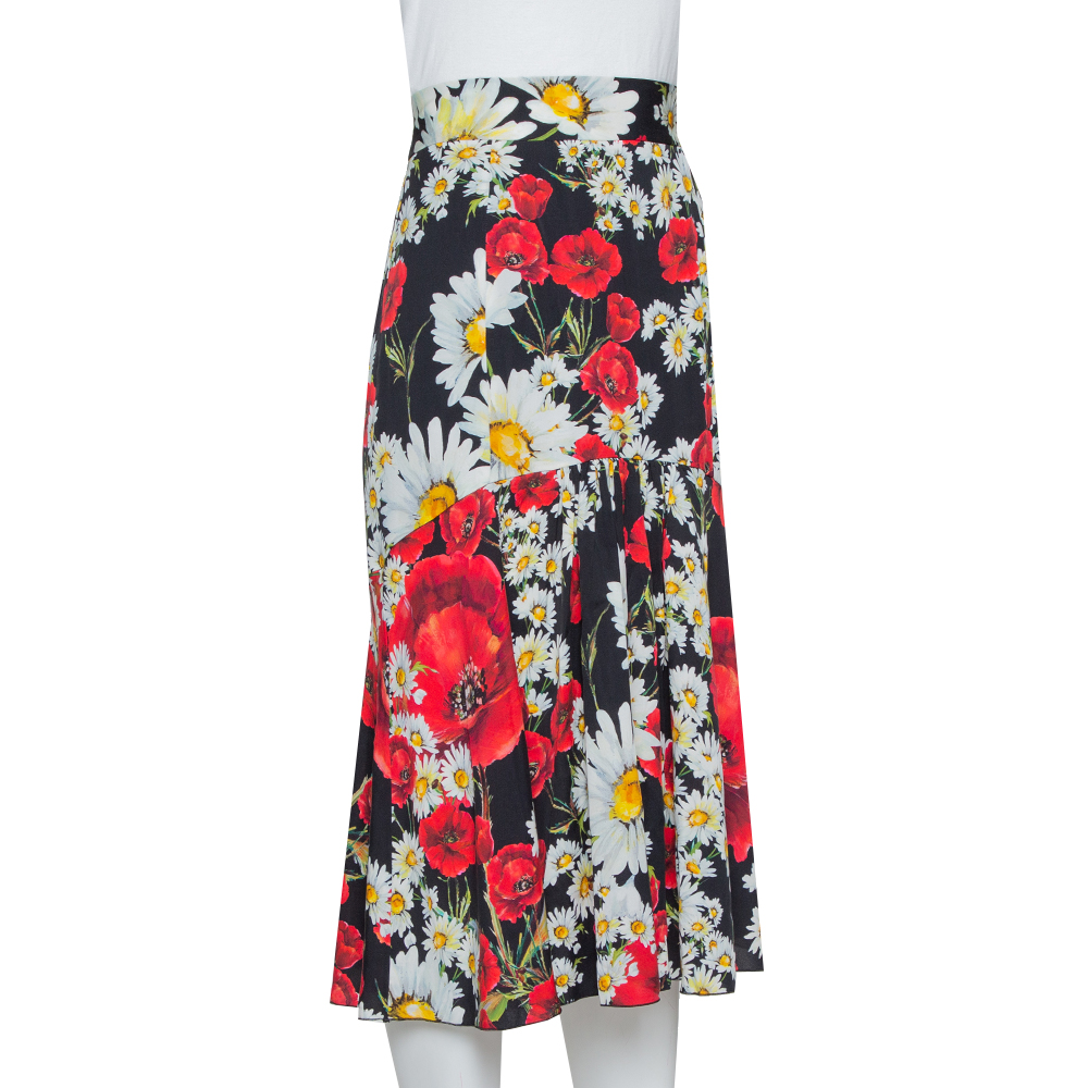

Dolce & Gabbana Black Daisy & Poppy Print Silk Midi Skirt