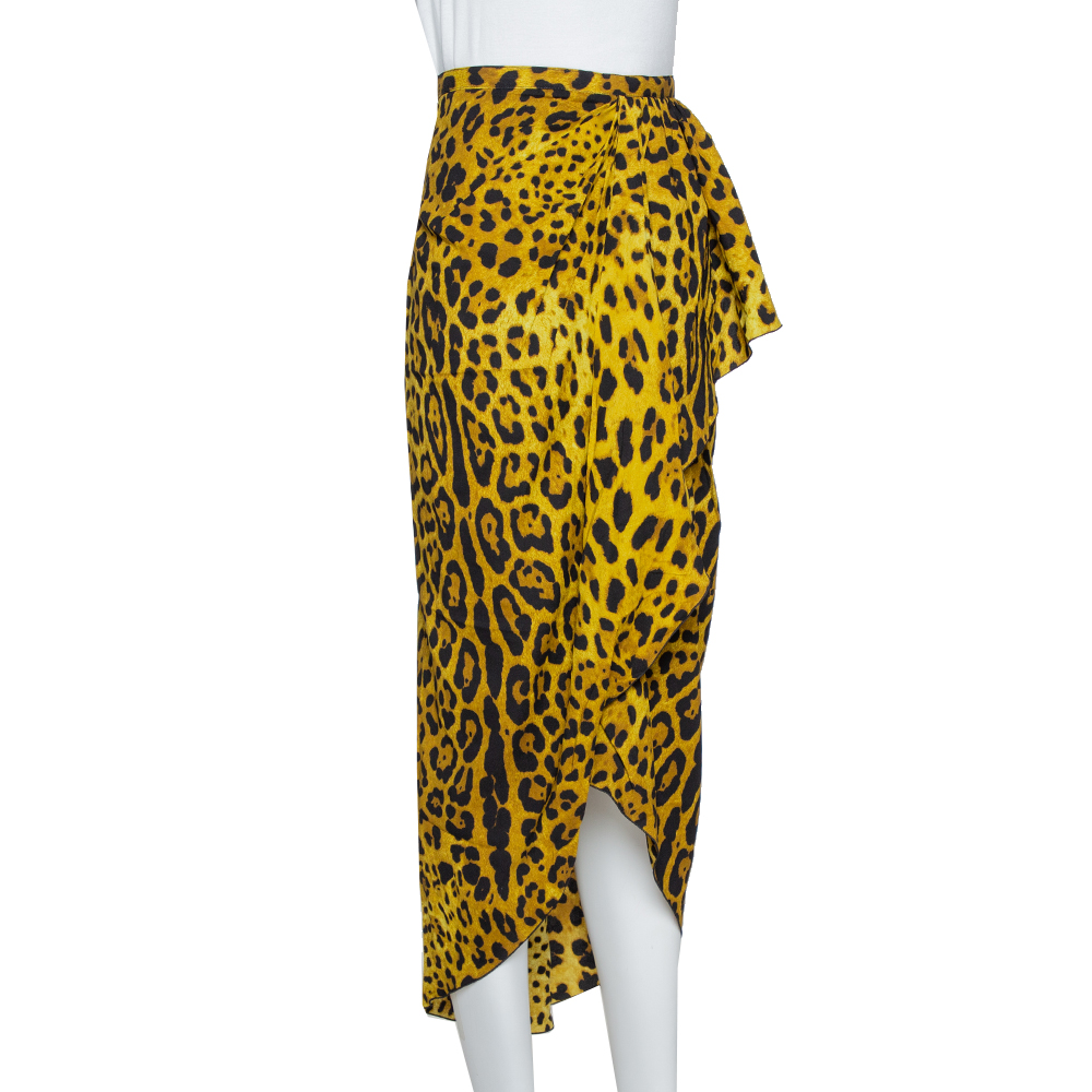 

Dolce & Gabbana Chartreuse Leopard Print Silk Draped Midi Skirt, Green