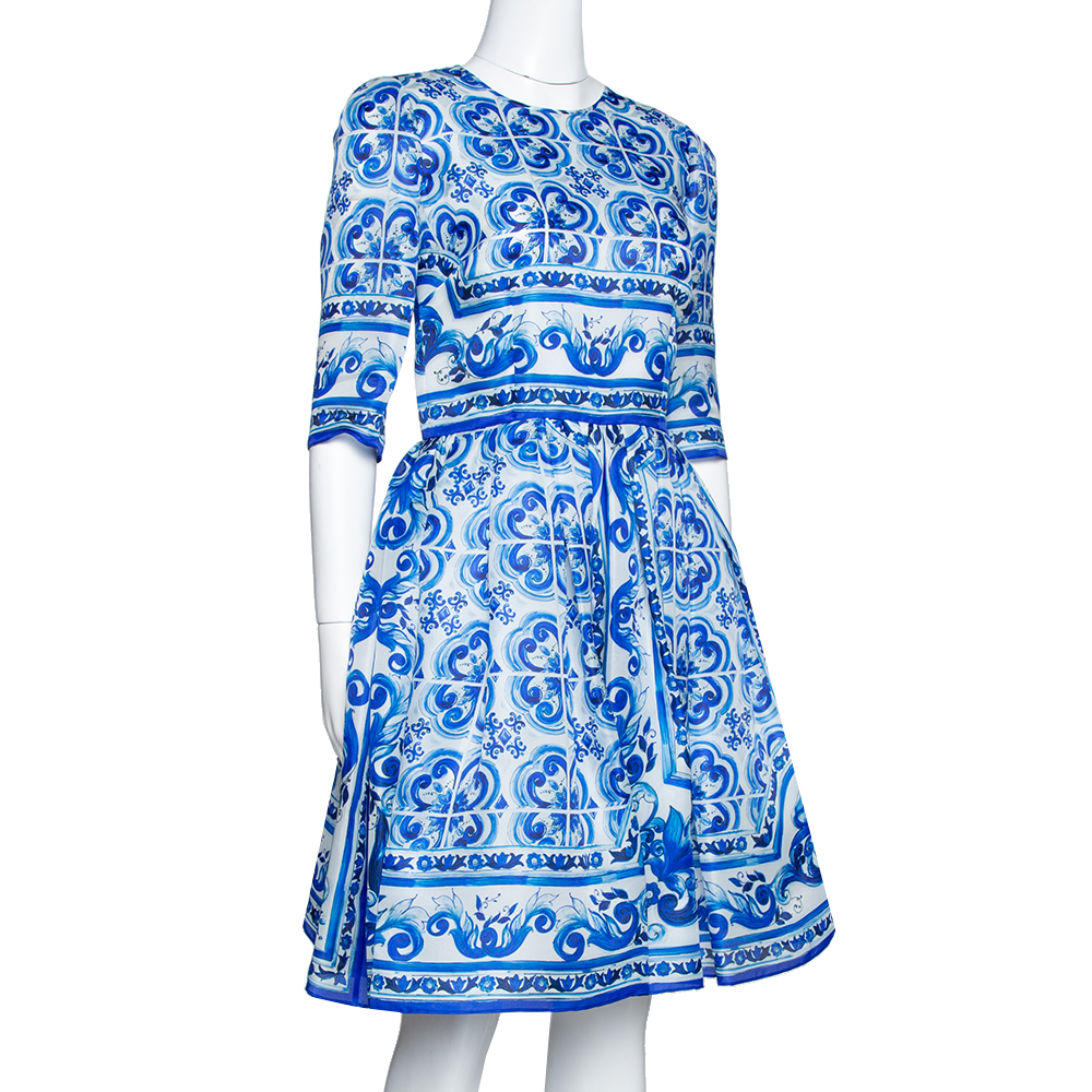 

Dolce & Gabbana Blue Majolica Print Silk Organza Flared Dress