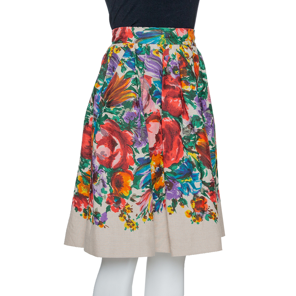 

Dolce & Gabbana Beige Floral Print Linen Flared Skirt