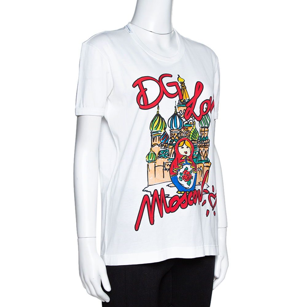 

Dolce & Gabbana Exclusive Edition White Cotton DG Loves Moscow Print T Shirt