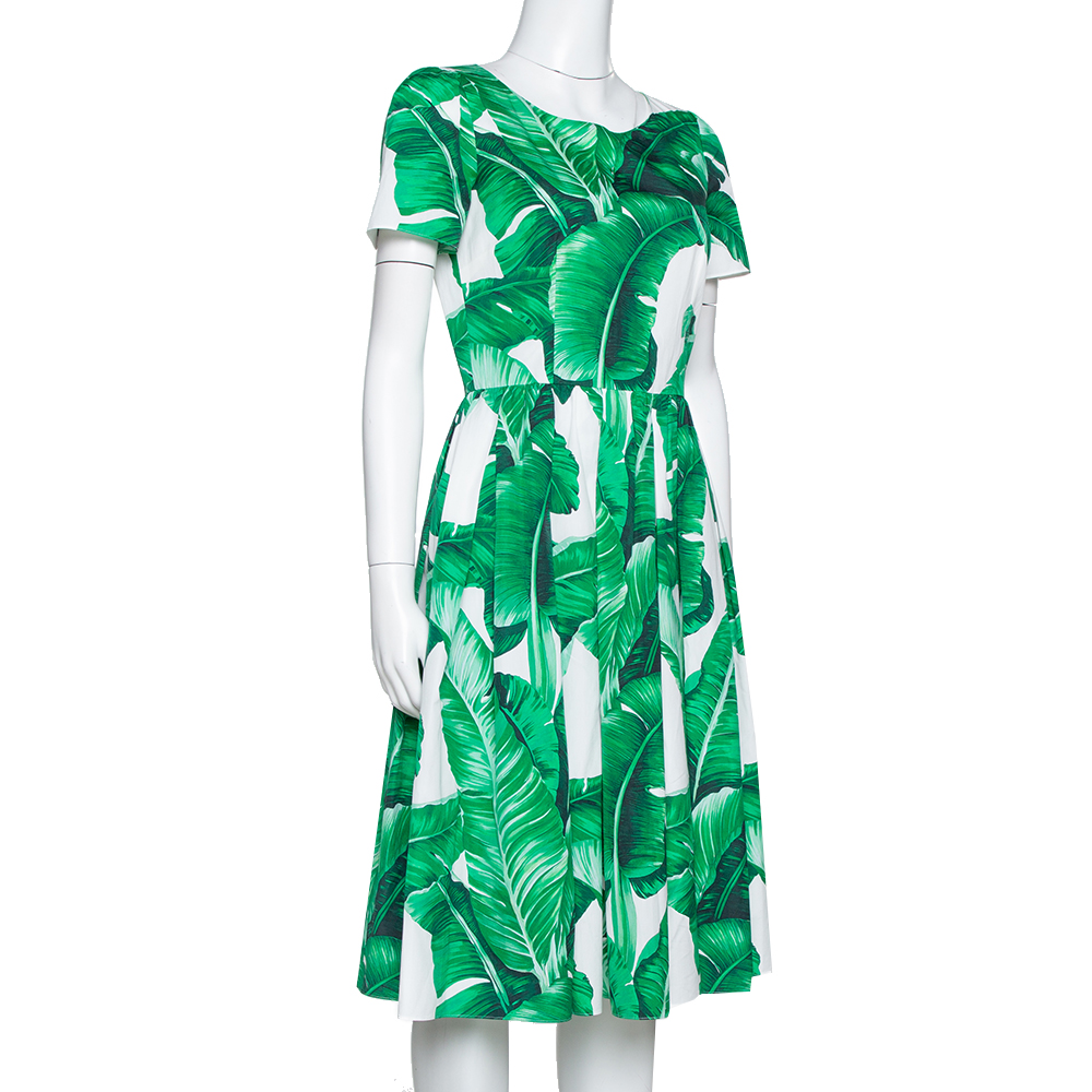 

Dolce & Gabbana Green and White Banana Leaf Print Cotton Midi Dress