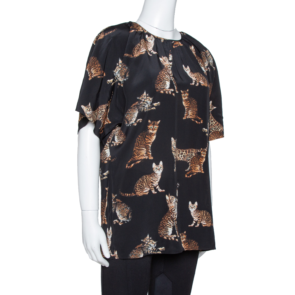 

Dolce & Gabbana Black Cat Print Silk Short Sleeve Blouse