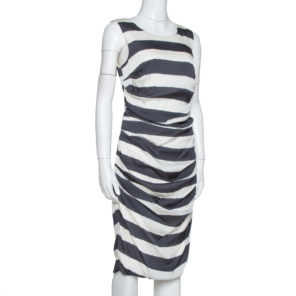 

Dolce & Gabbana Monochrome Striped Stretch Silk Ruched Dress, White