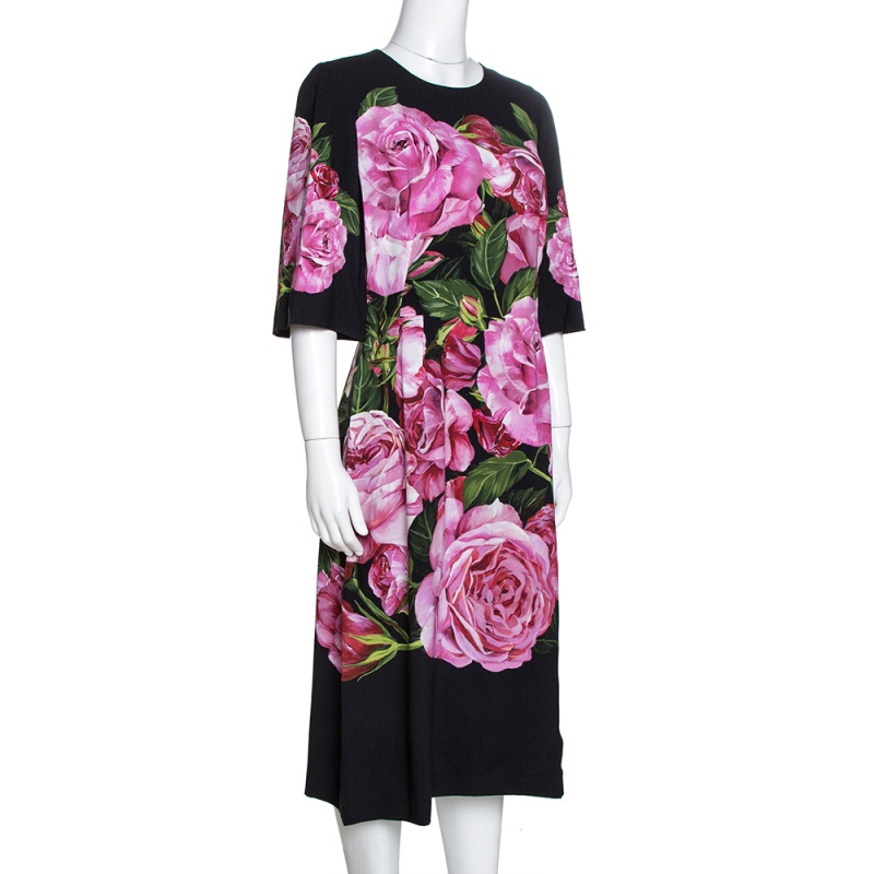 

Dolce & Gabbana Black Rose Print Crepe Midi Dress
