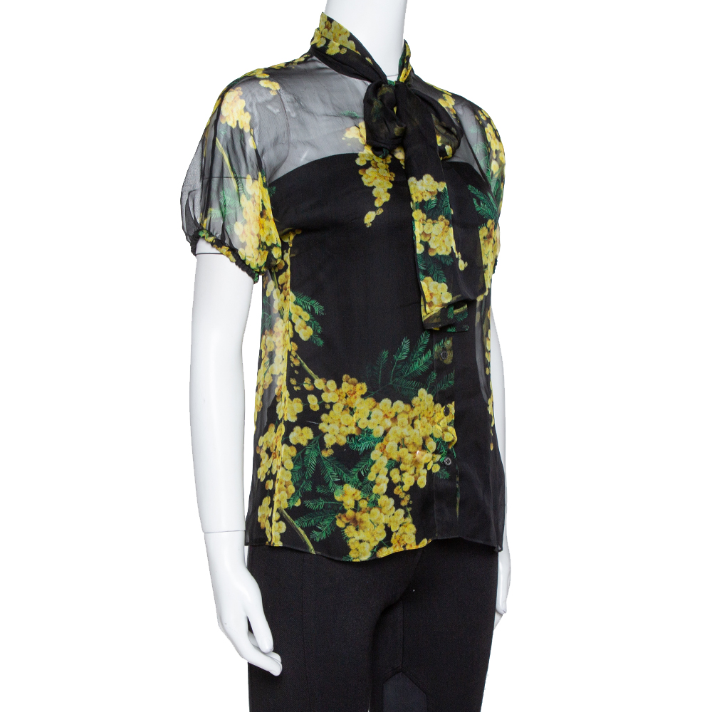 

Dolce & Gabbana Black Floral Print Silk Tie Front Sheer Blouse