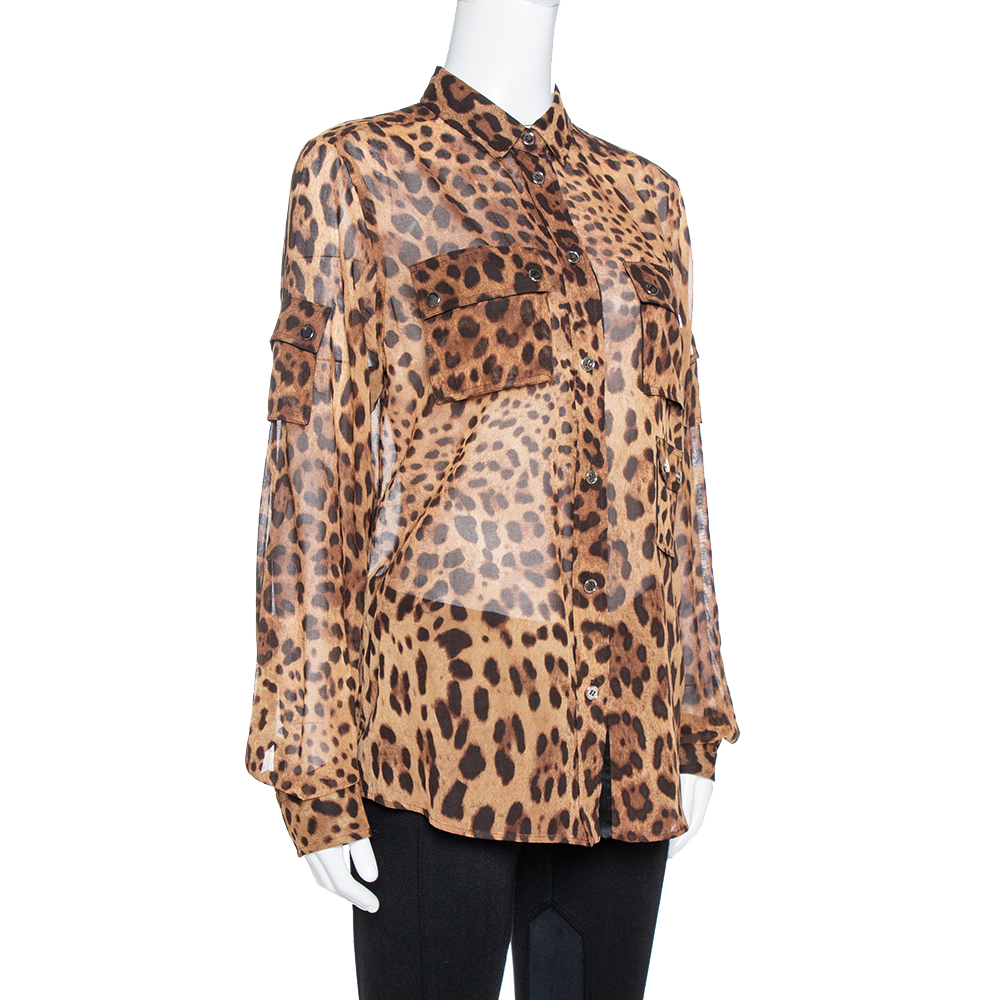 

Dolce & Gabbana Brown Leopard Print Cotton & Silk Button Front Shirt