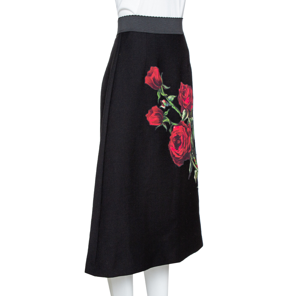 

Dolce & Gabbana Black Wool Rose Appliqued A-Line Skirt