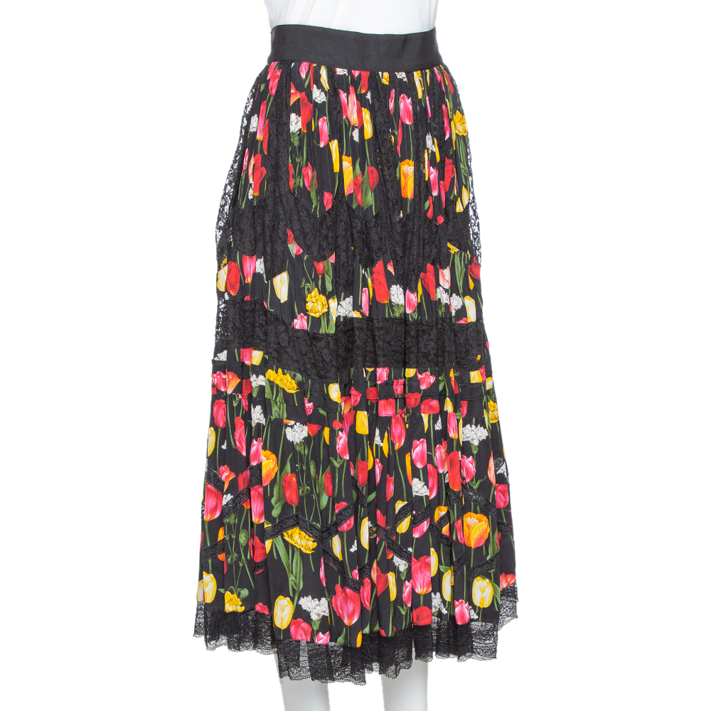 

Dolce & Gabbana Black Tulip Print Silk Lace Trim Flared Skirt