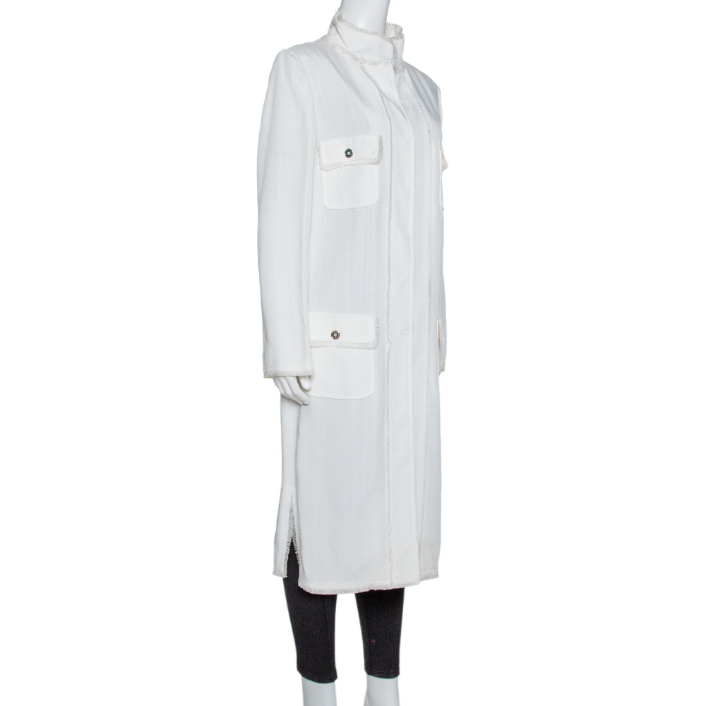 

Dolce & Gabbana Ivory Fringed Button Front Mid Length Coat, White