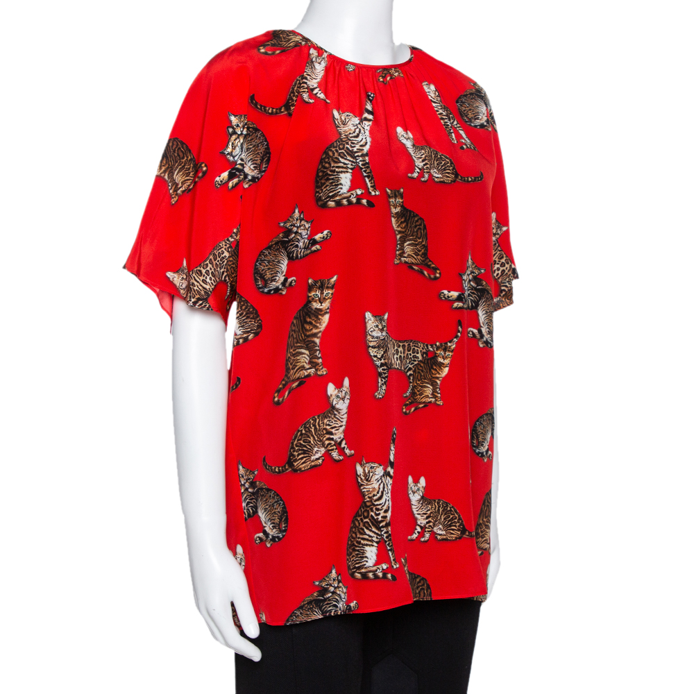 

Dolce & Gabbana Red Cat Print Silk Short Sleeve Blouse